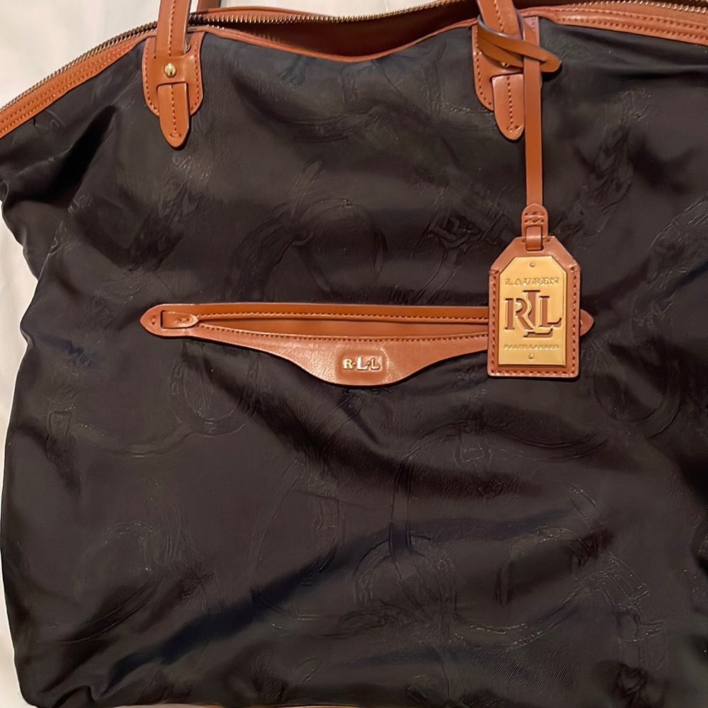 Ralph Lauren Black Canvas and Brown Leather Bag
